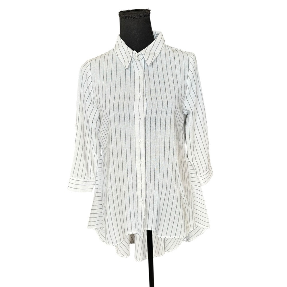 Hayden LA Striped Hi Low Button Down Tunic Top S Coastal Quiet Luxury T6
